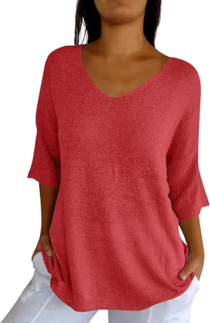 Womens Sweaters Lightweight Plain Sweater 3/4 Sleeve Basic Sweaters Oversized Fall Trendy Pullover