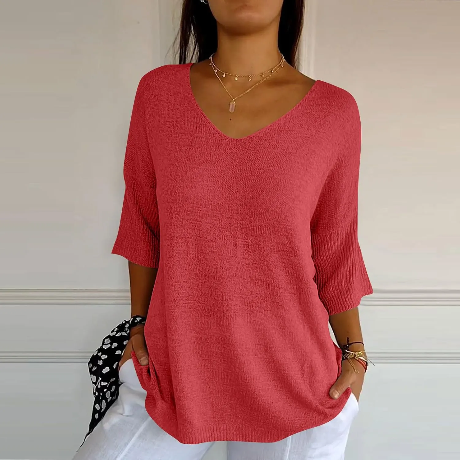 Womens Sweaters Lightweight Plain Sweater 3/4 Sleeve Basic Sweaters Oversized Fall Trendy Pullover
