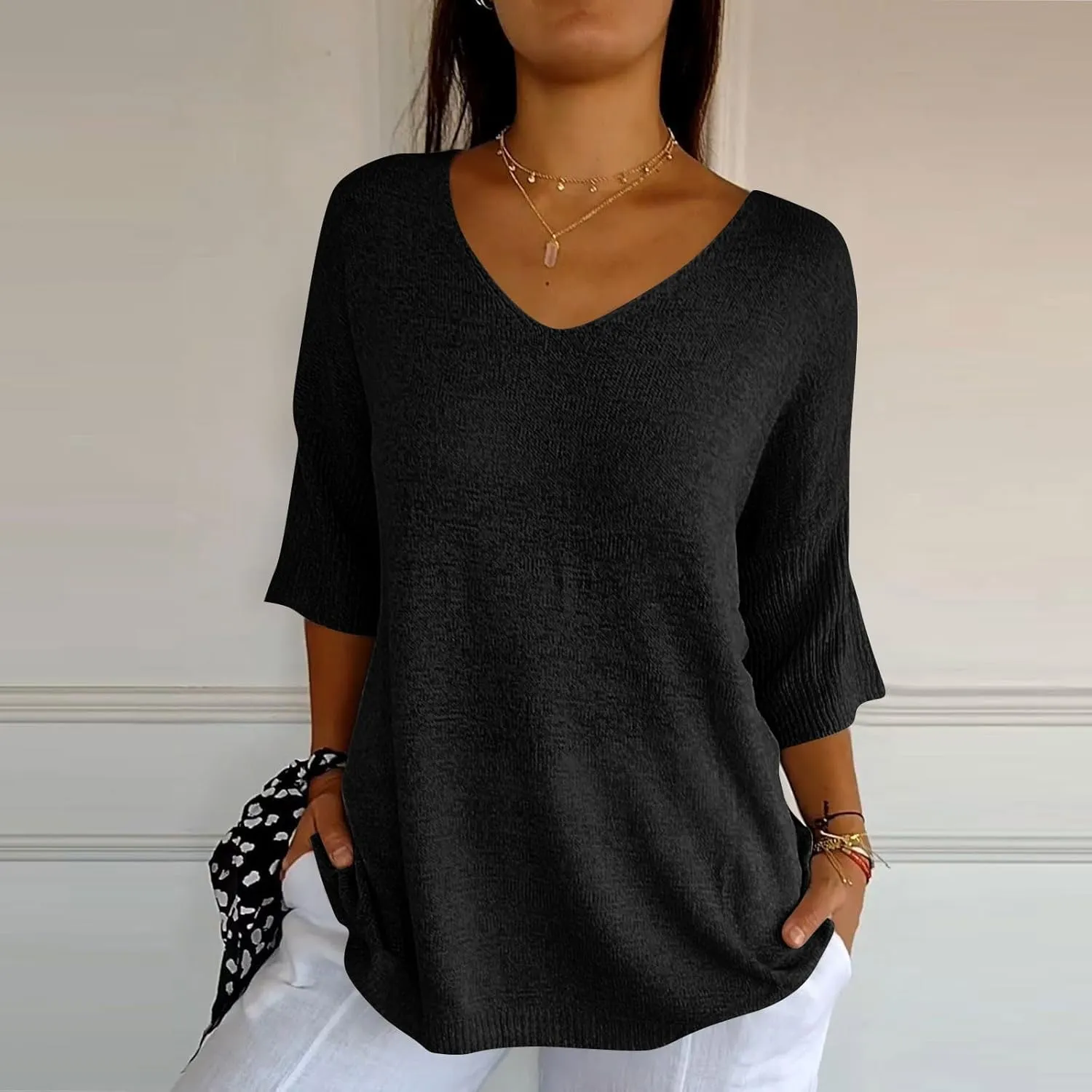 Womens Sweaters Lightweight Plain Sweater 3/4 Sleeve Basic Sweaters Oversized Fall Trendy Pullover