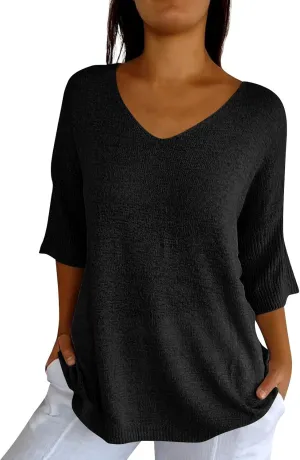 Womens Sweaters Lightweight Plain Sweater 3/4 Sleeve Basic Sweaters Oversized Fall Trendy Pullover