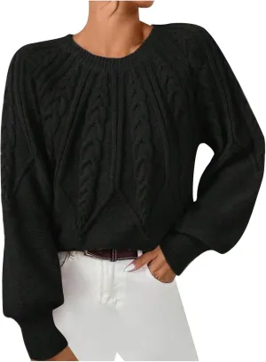 Womens Sweaters Solid Cable Knit Lantern Sleeve Crewneck Chunky Sweater Tops 2024 Fall Fashion Loose Outifits