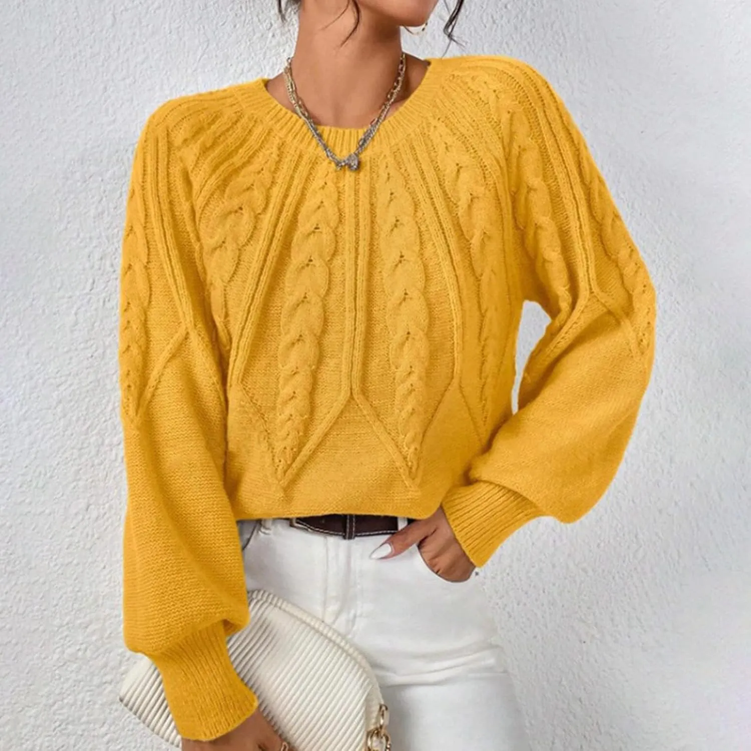 Womens Sweaters Solid Cable Knit Lantern Sleeve Crewneck Chunky Sweater Tops 2024 Fall Fashion Loose Outifits
