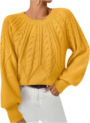 Womens Sweaters Solid Cable Knit Lantern Sleeve Crewneck Chunky Sweater Tops 2024 Fall Fashion Loose Outifits