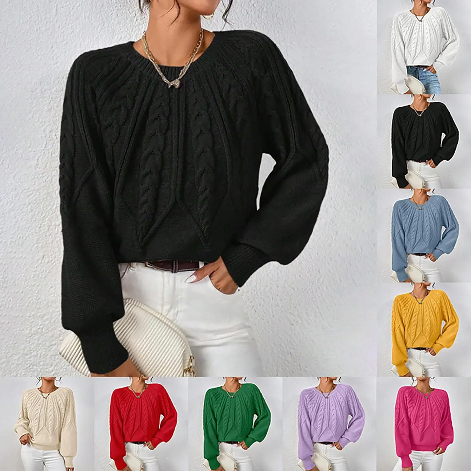 Womens Sweaters Solid Cable Knit Lantern Sleeve Crewneck Chunky Sweater Tops 2024 Fall Fashion Loose Outifits