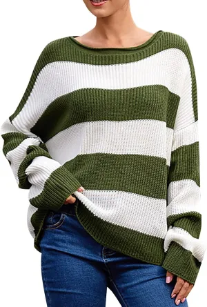 Womens Sweaters Striped Color Block Knit Crewneck Casual Loose Fit Long Sleeve Trendy Pullover Top Fall Outfits 2024