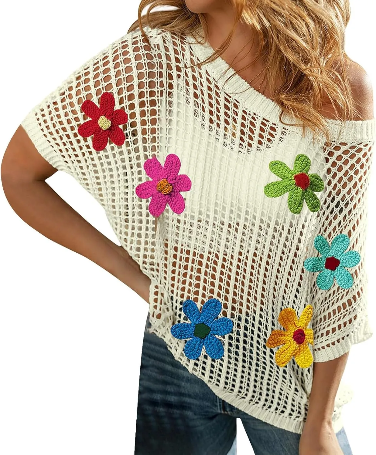 Womens Sweaters Summer Knit Off The Shoulder Short Sleeve Hollow Out Casual Loose Floral Beach Smocked Tops T-Shirts