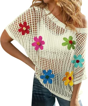 Womens Sweaters Summer Knit Off The Shoulder Short Sleeve Hollow Out Casual Loose Floral Beach Smocked Tops T-Shirts