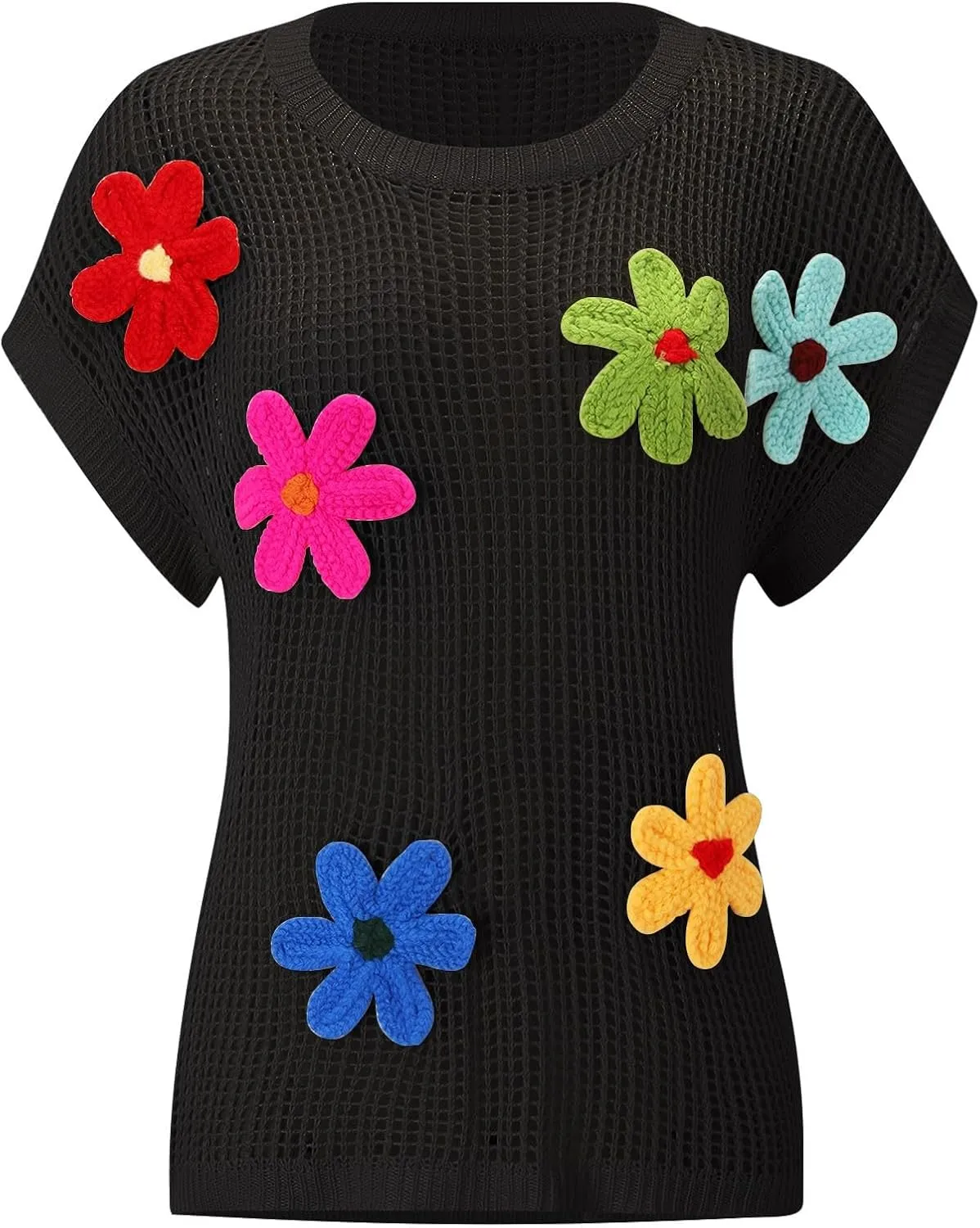 Womens Sweaters Summer Knit Off The Shoulder Short Sleeve Hollow Out Casual Loose Floral Beach Smocked Tops T-Shirts