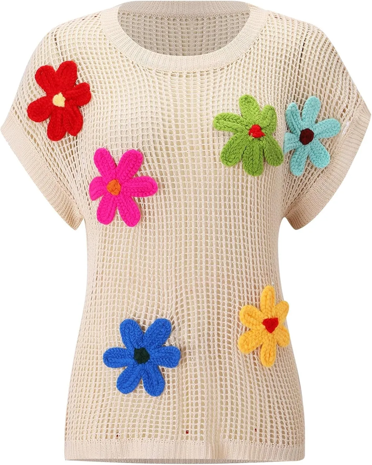 Womens Sweaters Summer Knit Off The Shoulder Short Sleeve Hollow Out Casual Loose Floral Beach Smocked Tops T-Shirts