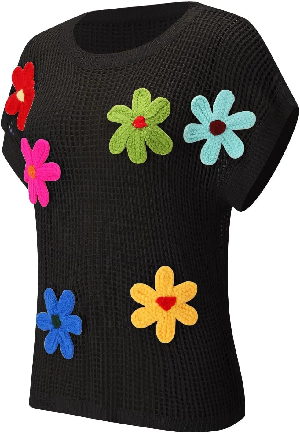 Womens Sweaters Summer Knit Off The Shoulder Short Sleeve Hollow Out Casual Loose Floral Beach Smocked Tops T-Shirts