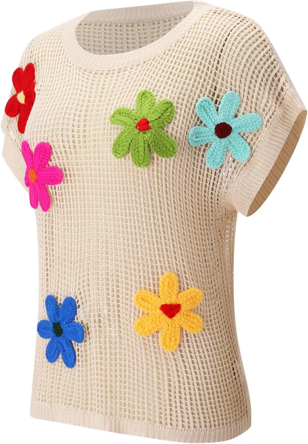 Womens Sweaters Summer Knit Off The Shoulder Short Sleeve Hollow Out Casual Loose Floral Beach Smocked Tops T-Shirts