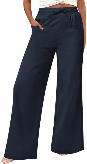 Womens Travel Pants Stretch High Rise Fashion Palazzo Wide Leg Pants Patch Drawstring Summer Solid Clothes with Pocket