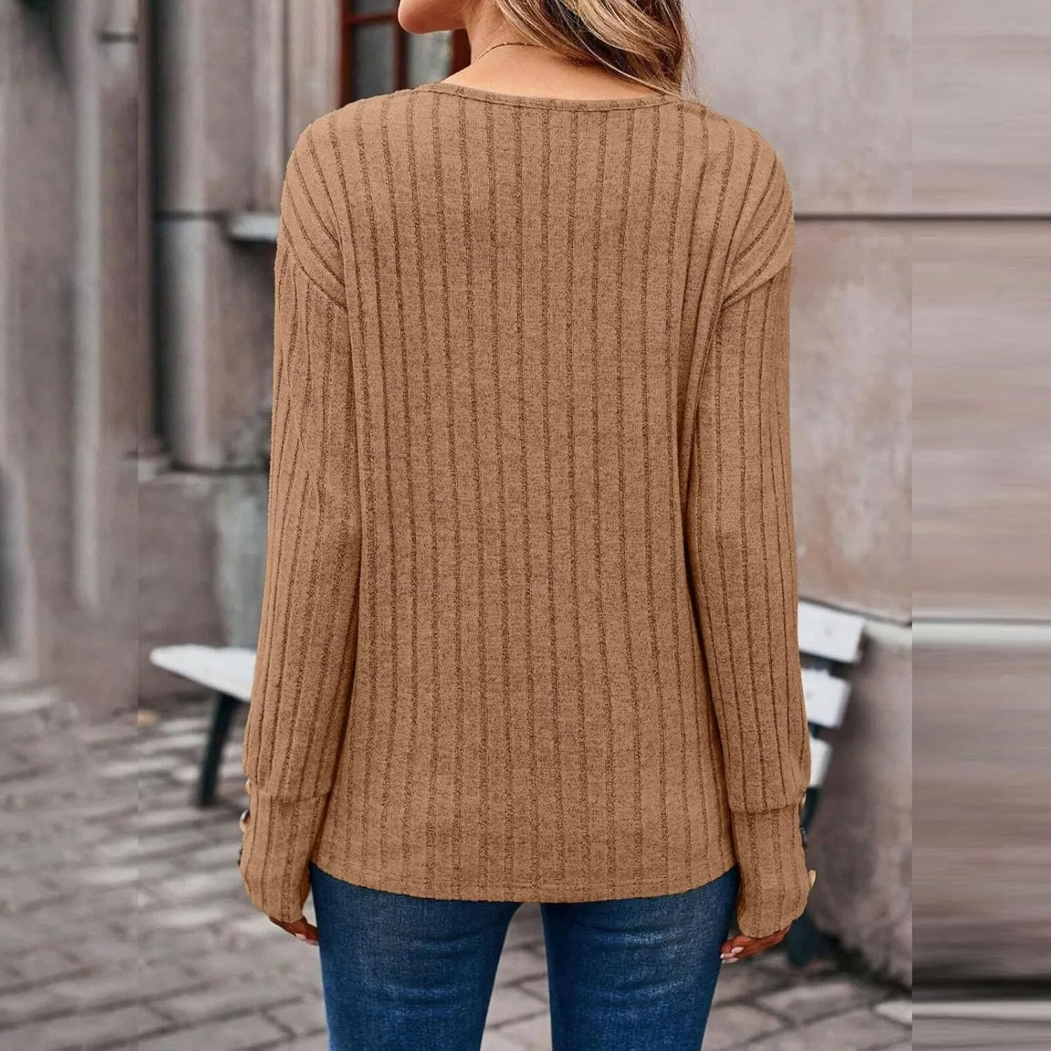 Womens V Neck Knit Sweater Casual Soft Long Sleeve Shirts Decorative Buttons Knitted Pullover Tunic Tops