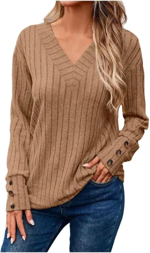 Womens V Neck Knit Sweater Casual Soft Long Sleeve Shirts Decorative Buttons Knitted Pullover Tunic Tops