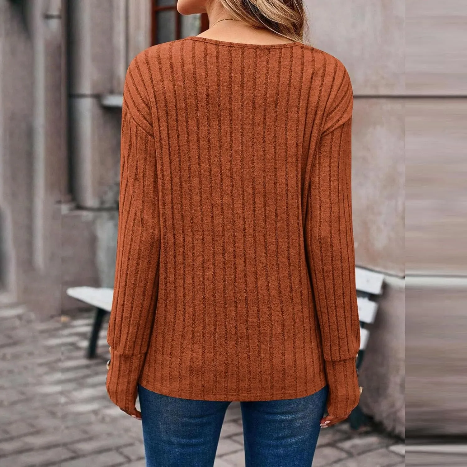 Womens V Neck Knit Sweater Casual Soft Long Sleeve Shirts Decorative Buttons Knitted Pullover Tunic Tops
