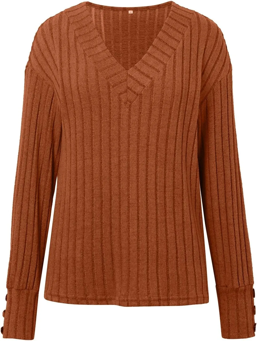 Womens V Neck Knit Sweater Casual Soft Long Sleeve Shirts Decorative Buttons Knitted Pullover Tunic Tops