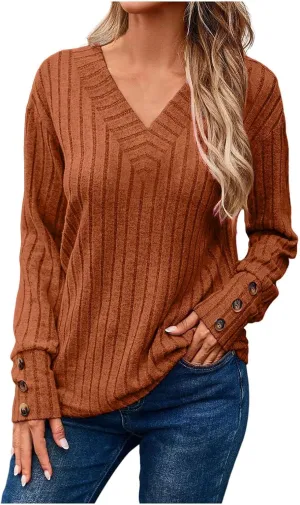 Womens V Neck Knit Sweater Casual Soft Long Sleeve Shirts Decorative Buttons Knitted Pullover Tunic Tops