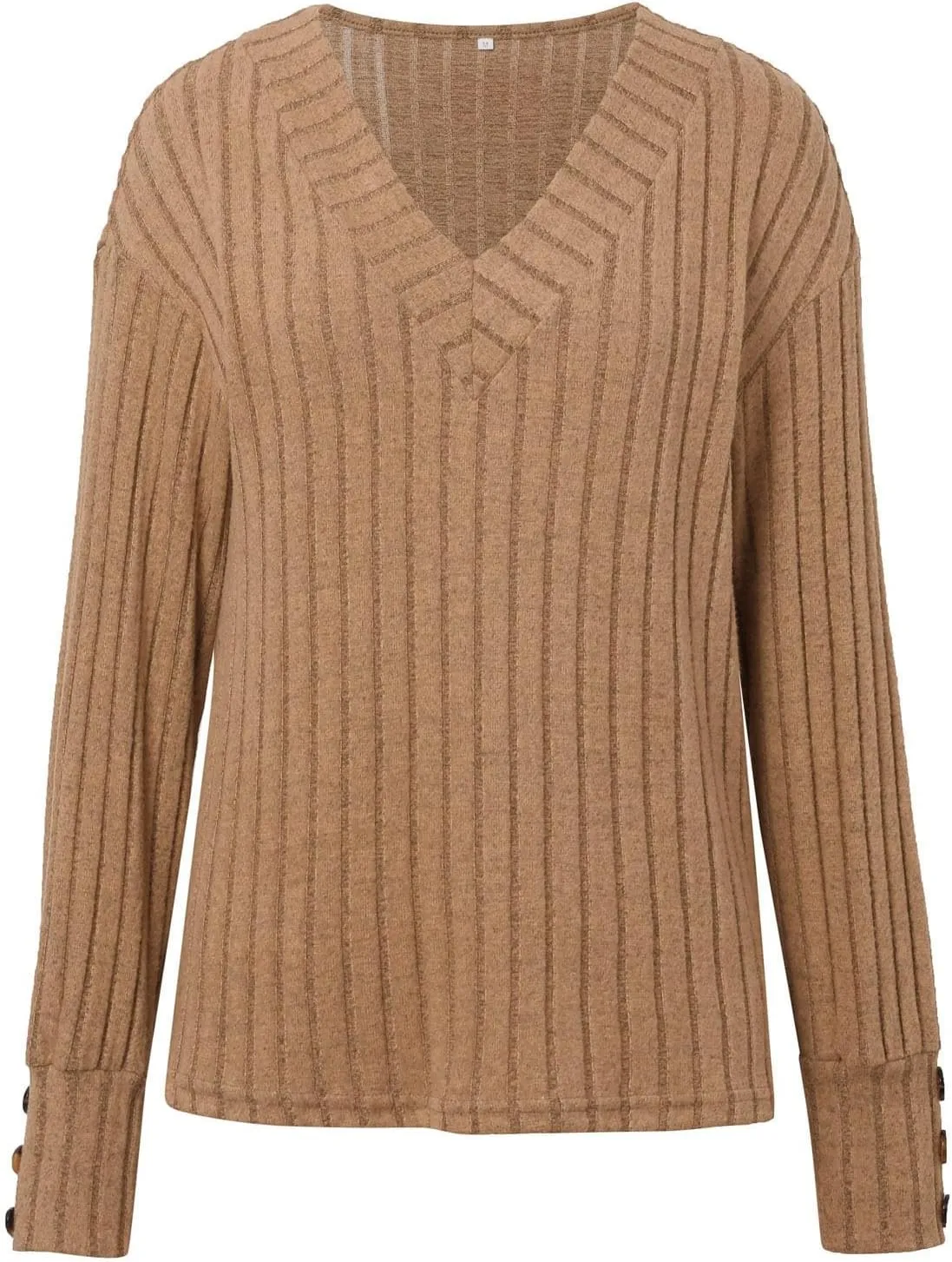 Womens V Neck Knit Sweater Casual Soft Long Sleeve Shirts Decorative Buttons Knitted Pullover Tunic Tops
