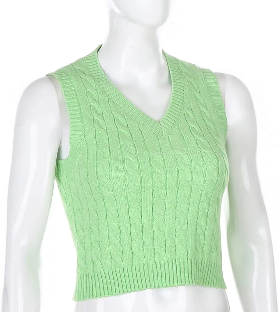 Women's V Neck Knit Sweater Vest Argyle Plaid Preppy Style Sleeveless Crop Knitwear Tank Y2K Crop Sweater Vest
