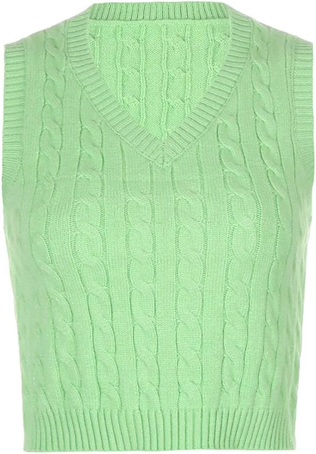 Women's V Neck Knit Sweater Vest Argyle Plaid Preppy Style Sleeveless Crop Knitwear Tank Y2K Crop Sweater Vest