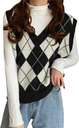 Women's V Neck Knit Sweater Vest Argyle Plaid Preppy Style Sleeveless Crop Knitwear Tank Y2K Crop Sweater Vest