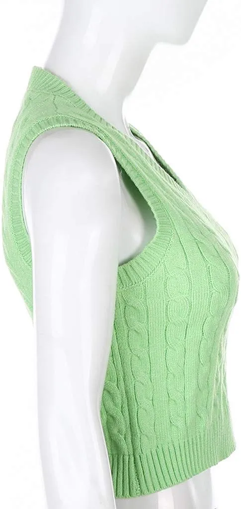 Women's V Neck Knit Sweater Vest Argyle Plaid Preppy Style Sleeveless Crop Knitwear Tank Y2K Crop Sweater Vest