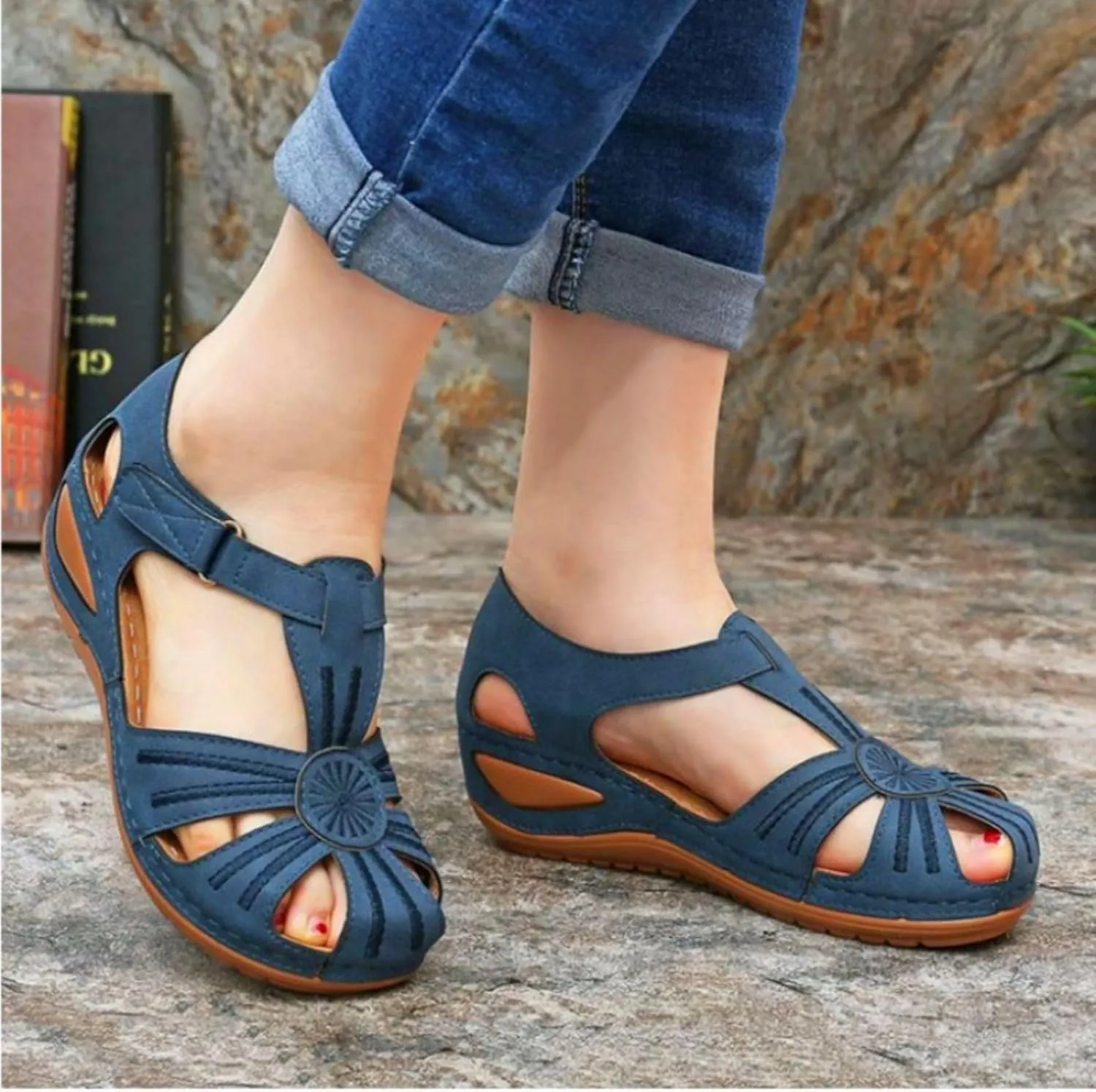 Womens Wedge Closed Toe Sandals Platform Summer Hollow Out Strap Ankle Wedges Shoes Orthopedic Comfy Slip on Bohemia Gladiator Ladies Shoes Beach Casual Athletic Sandals