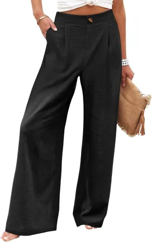 Womens Wide Leg Dress Pants Casual Button Elastic High Waist Business Trouser Pants Pull On Slacks for Work