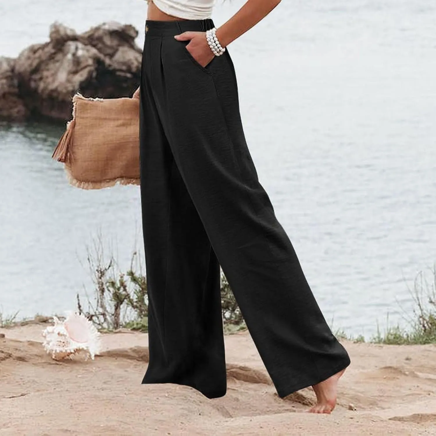 Womens Wide Leg Dress Pants Casual Button Elastic High Waist Business Trouser Pants Pull On Slacks for Work