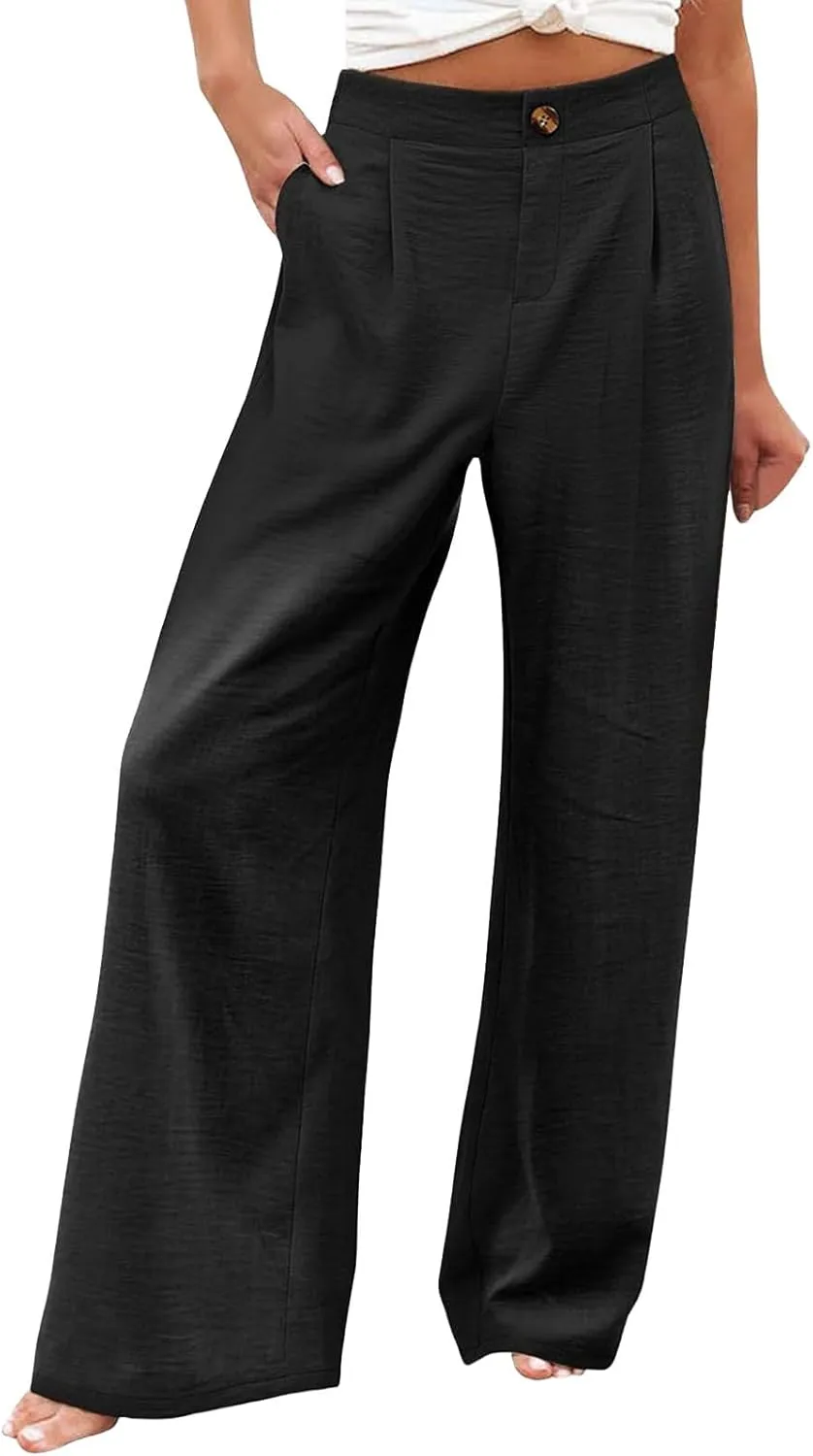 Womens Wide Leg Dress Pants Casual Button Elastic High Waist Business Trouser Pants Pull On Slacks for Work