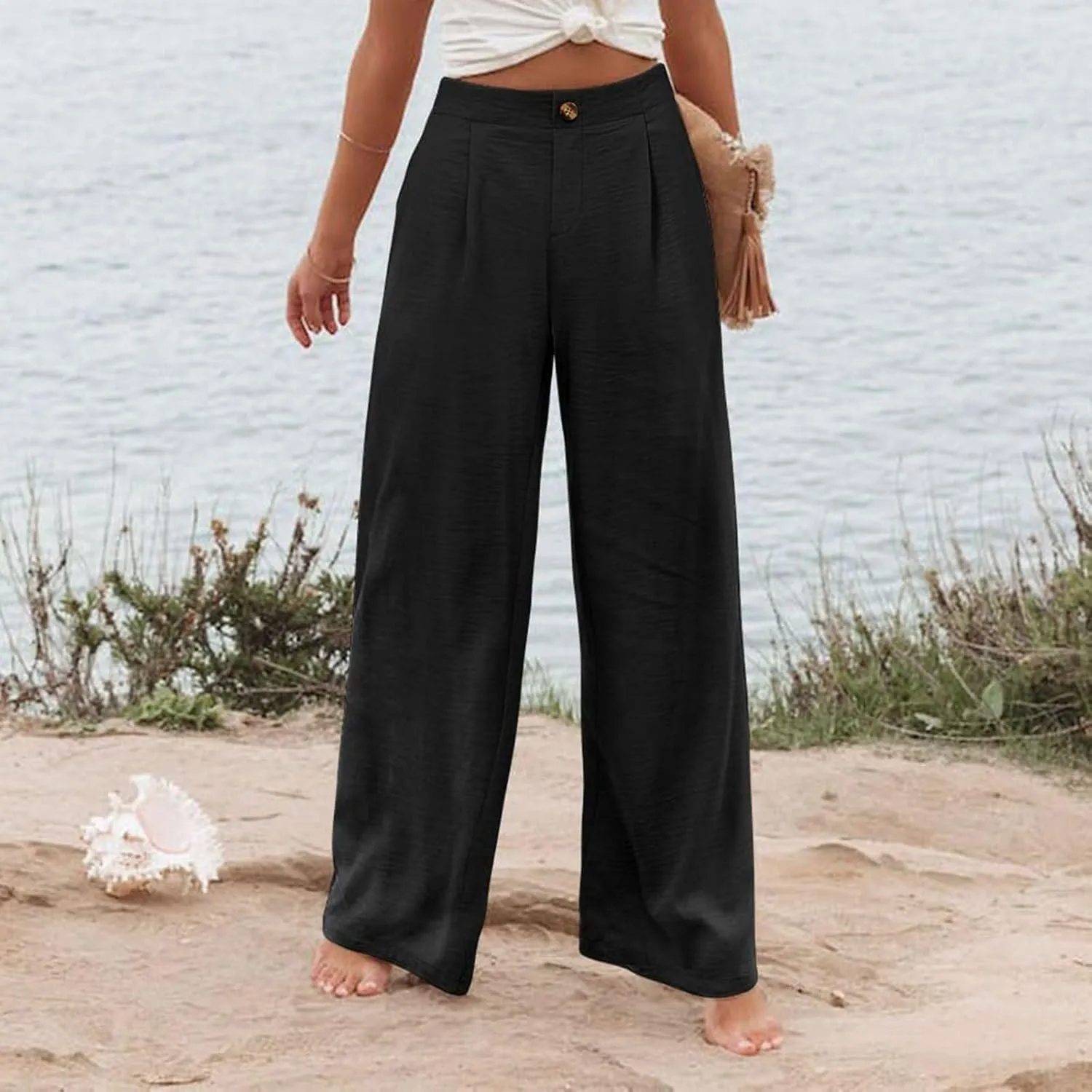 Womens Wide Leg Dress Pants Casual Button Elastic High Waist Business Trouser Pants Pull On Slacks for Work