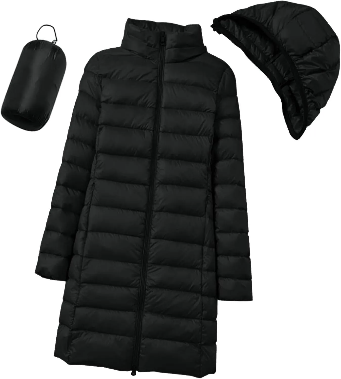 Women's Winter Packable Glossy Down Jacket Ultralight Long Down Outerwear Puffer Jacket Hooded Coat Full Zipper Parka
