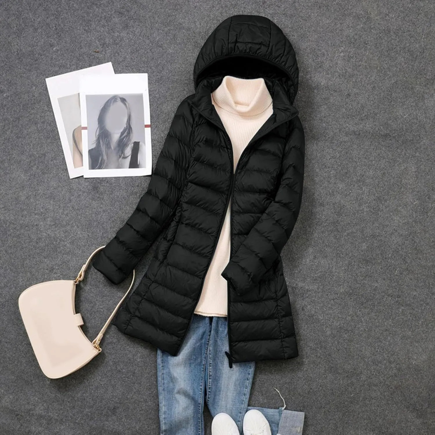 Women's Winter Packable Glossy Down Jacket Ultralight Long Down Outerwear Puffer Jacket Hooded Coat Full Zipper Parka
