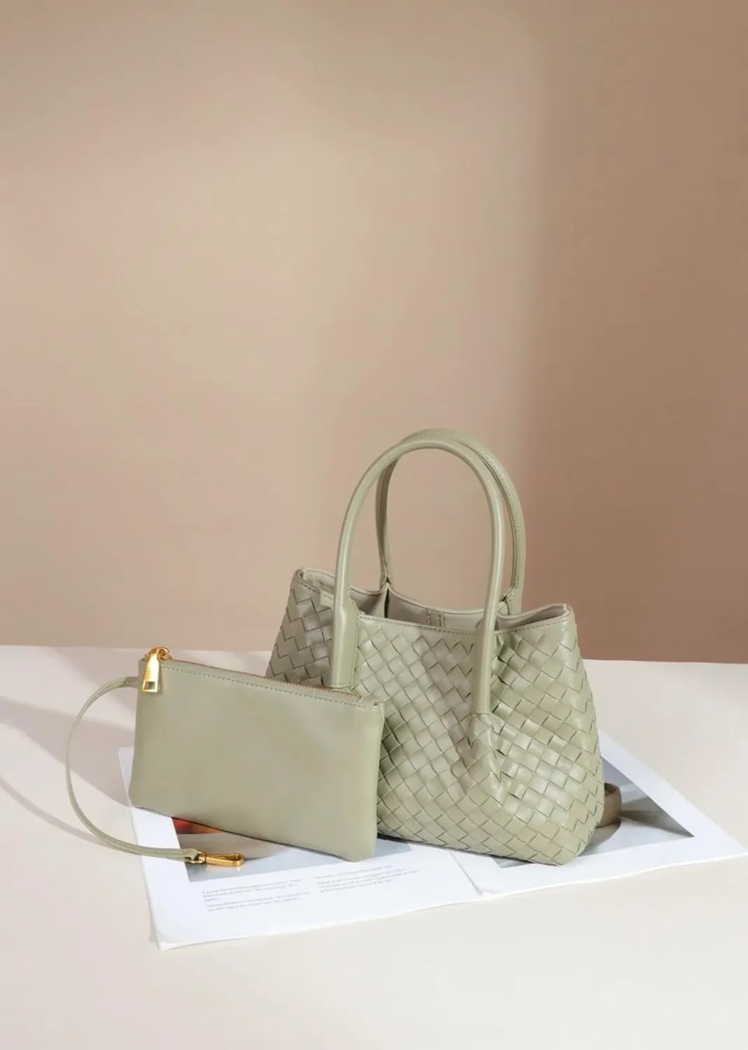 Woven Tote Bag Genuine Leather Tote Bag Summer Beach Woven Handbag Satchel Bags for Women Top Handle Ladies Shoulder Bag 2pcs