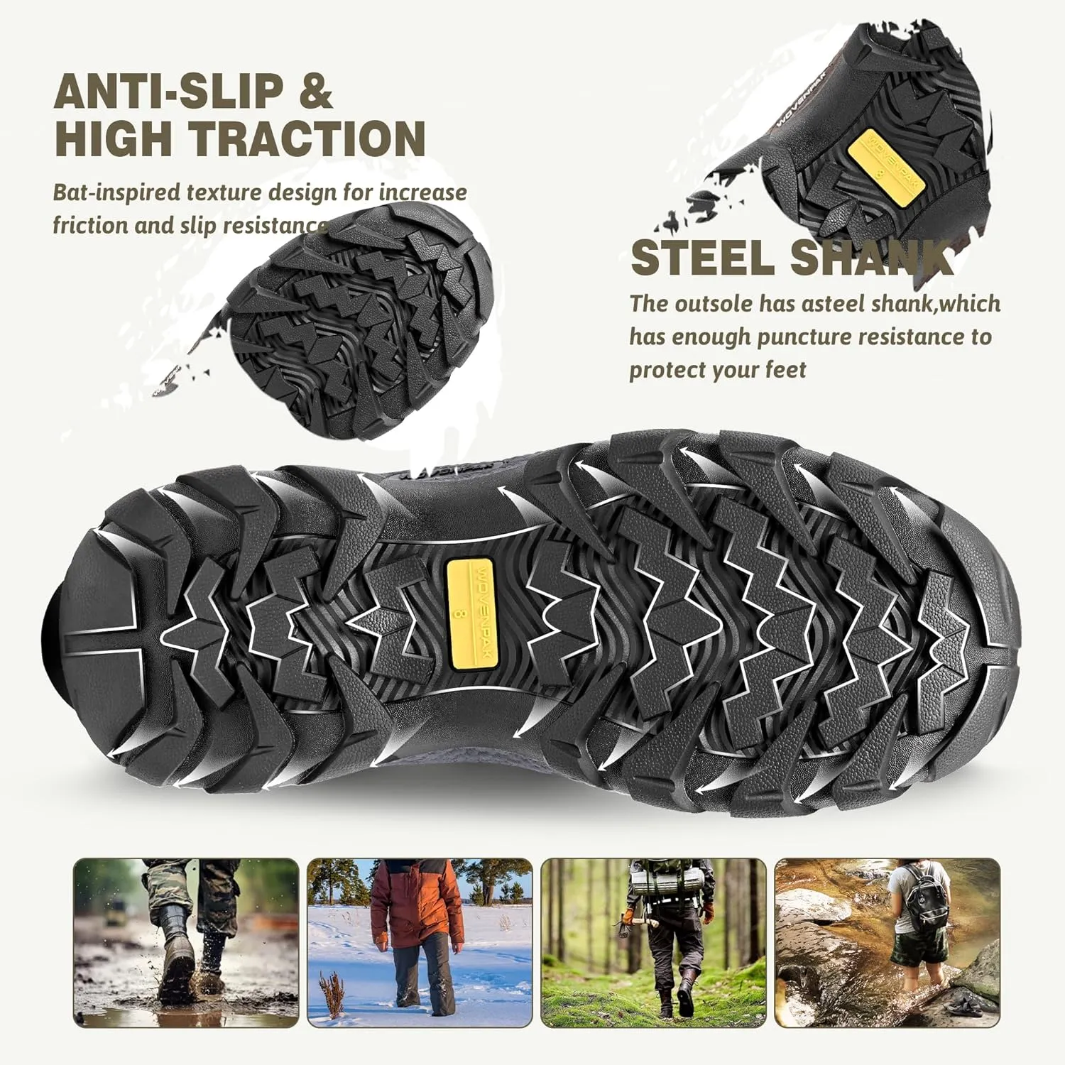WOVENPAK Rubber Boots for Men, Mens Boots Waterproof Insulated Hunting Boots with Steel Shank, Neoprene Rubber Work Mud Boots Outdoor All Season, Size 6-13