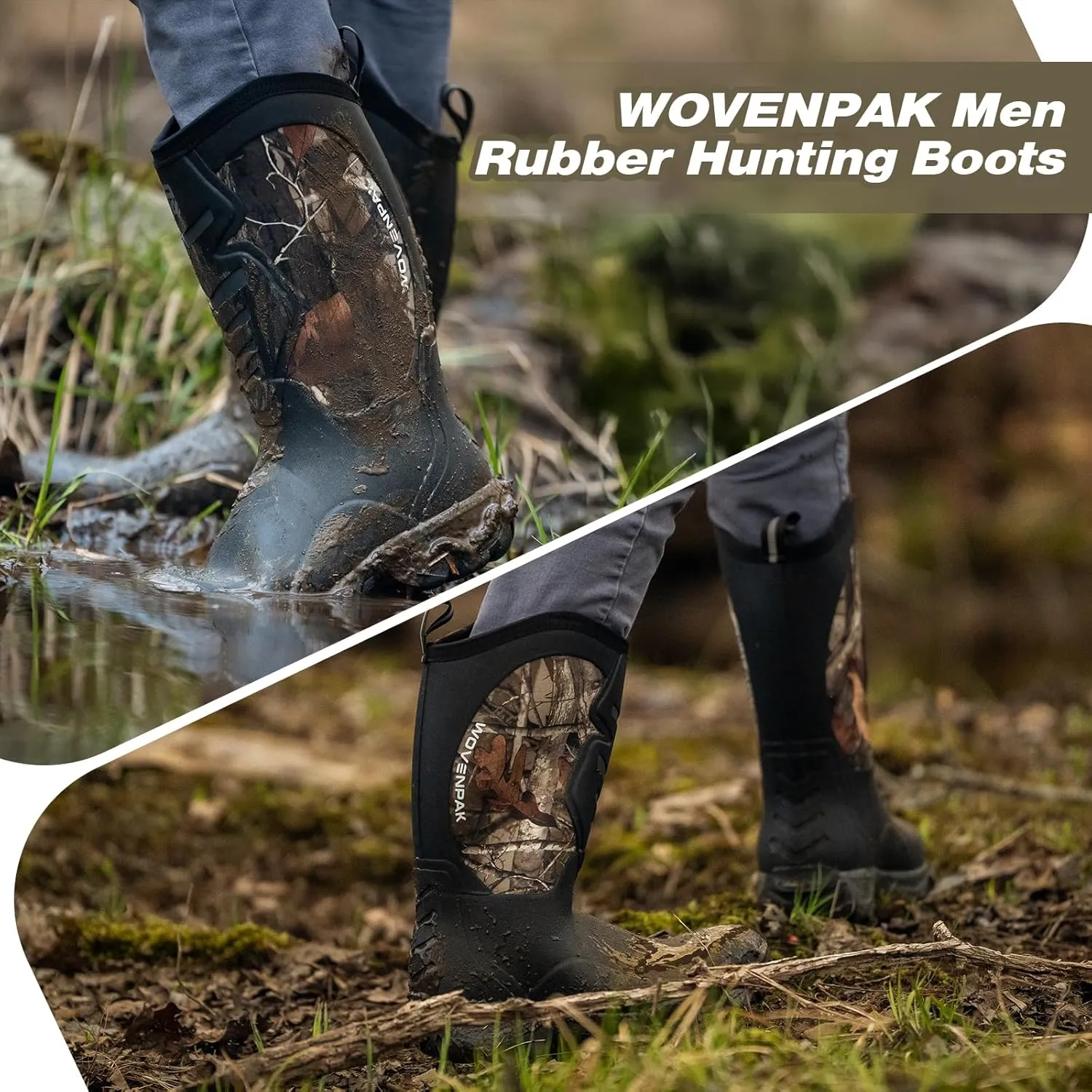 WOVENPAK Rubber Boots for Men, Mens Boots Waterproof Insulated Hunting Boots with Steel Shank, Neoprene Rubber Work Mud Boots Outdoor All Season, Size 6-13