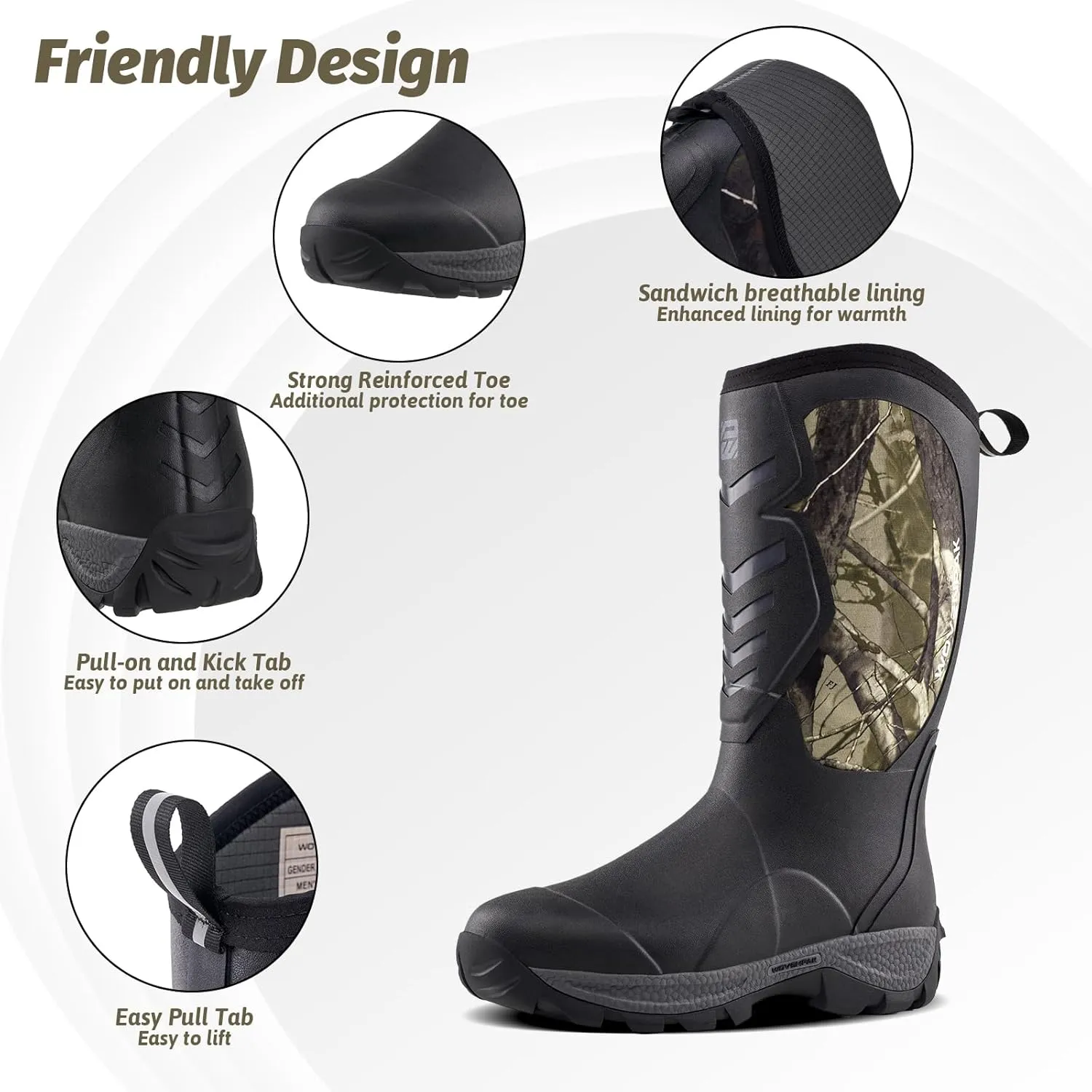 WOVENPAK Rubber Boots for Men, Mens Boots Waterproof Insulated Hunting Boots with Steel Shank, Neoprene Rubber Work Mud Boots Outdoor All Season, Size 6-13