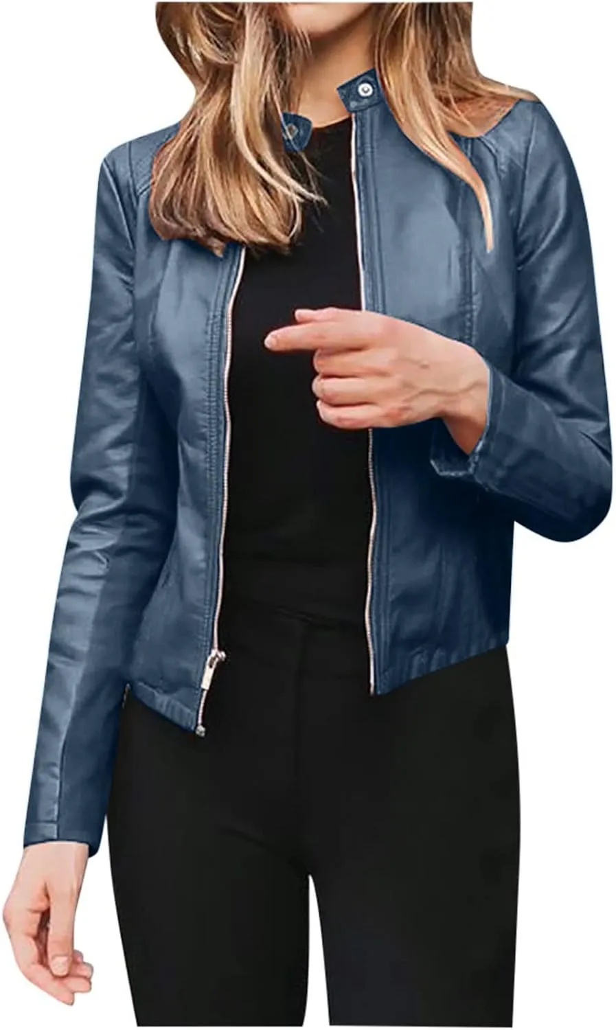 XUNRYAN Women's Cropped Fashion Faux Leather Jackets Lightweight Full Zip Up Slim Fit Short PU Coat in Solid