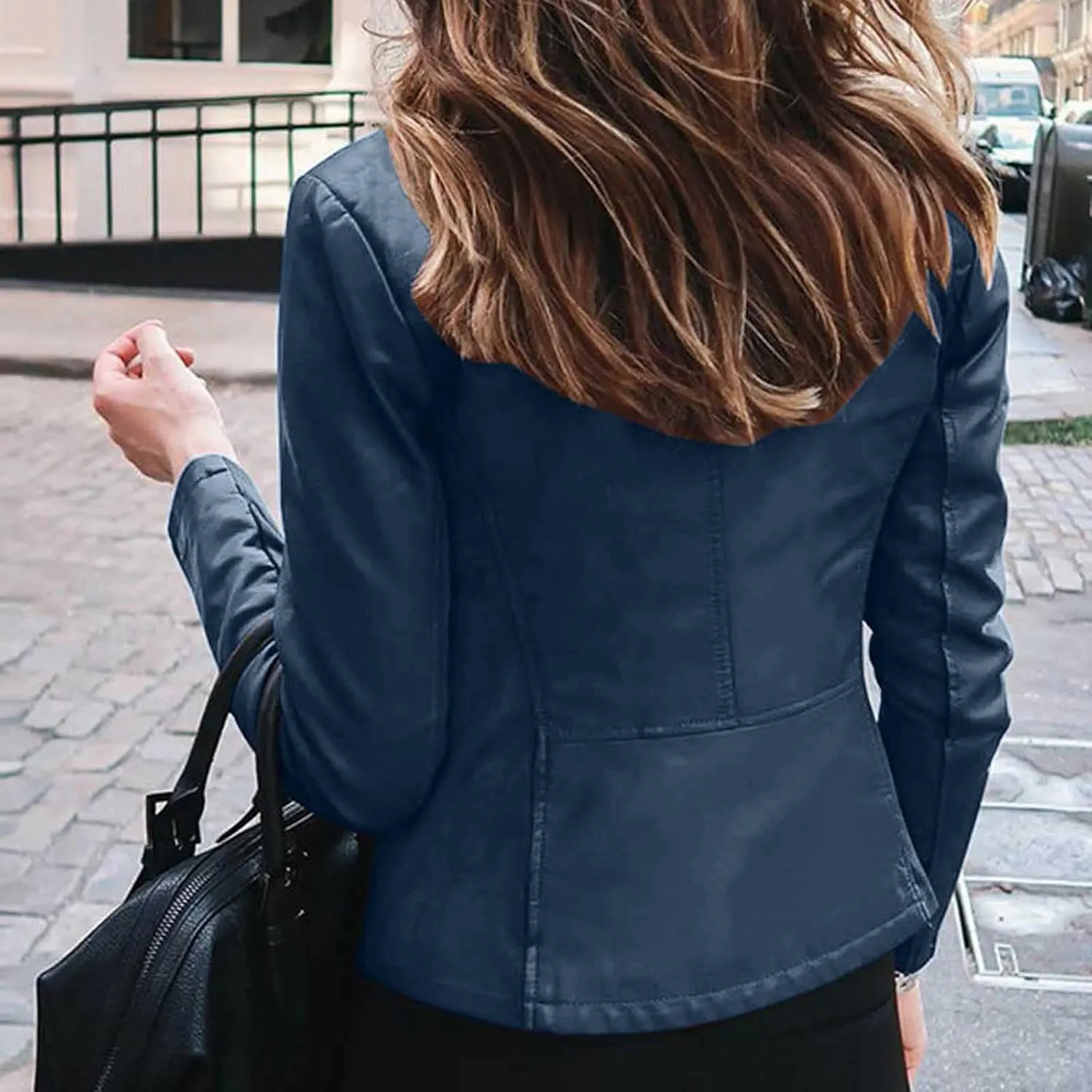 XUNRYAN Women's Cropped Fashion Faux Leather Jackets Lightweight Full Zip Up Slim Fit Short PU Coat in Solid