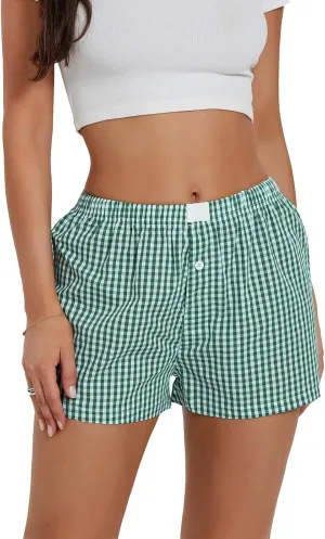 Y2k Boxer Shorts for Women Striped Checkered Pajama Shorts Button Plaid Gingham Sleep Pj Shorts Cute Lounge Shorts