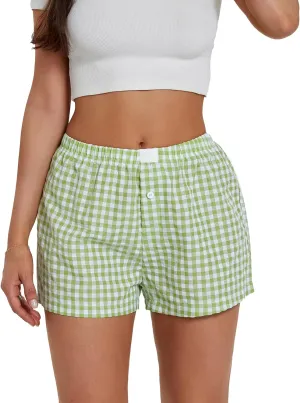 Y2k Boxer Shorts for Women Striped Checkered Pajama Shorts Button Plaid Gingham Sleep Pj Shorts Cute Lounge Shorts