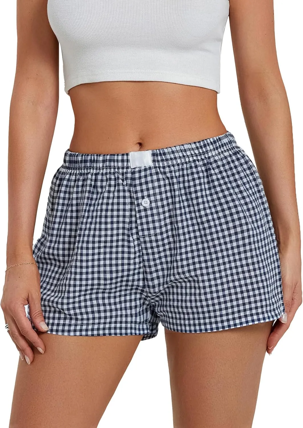 Y2k Boxer Shorts for Women Striped Checkered Pajama Shorts Button Plaid Gingham Sleep Pj Shorts Cute Lounge Shorts