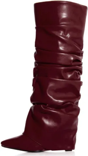 Yishaweiqi Slouched Ruched Fold Over Boots for Women Covered Wedge Heel Patent Leather Knee High Boots Wide Calf Pointed Toe Casual Boots