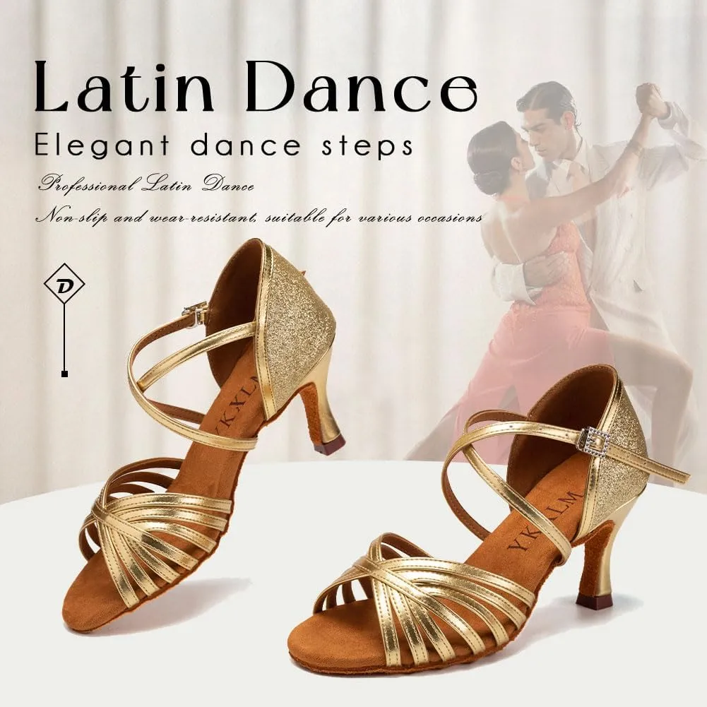 YKXLM Latin Ballroom Dance Shoes Women 3 inch Heel Salsa Tango Performance Practice Dance Shoes