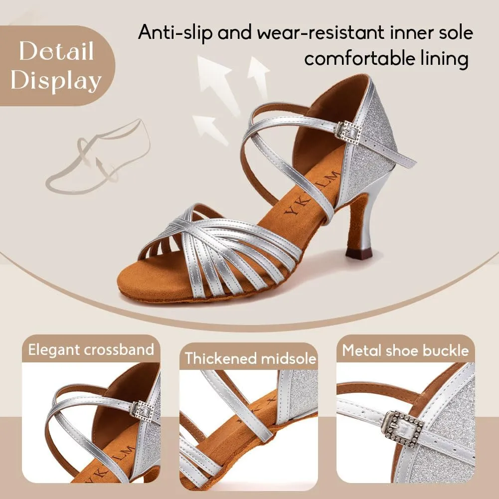 YKXLM Latin Ballroom Dance Shoes Women 3 inch Heel Salsa Tango Performance Practice Dance Shoes