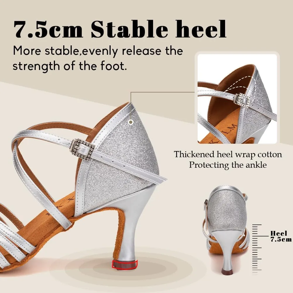 YKXLM Latin Ballroom Dance Shoes Women 3 inch Heel Salsa Tango Performance Practice Dance Shoes