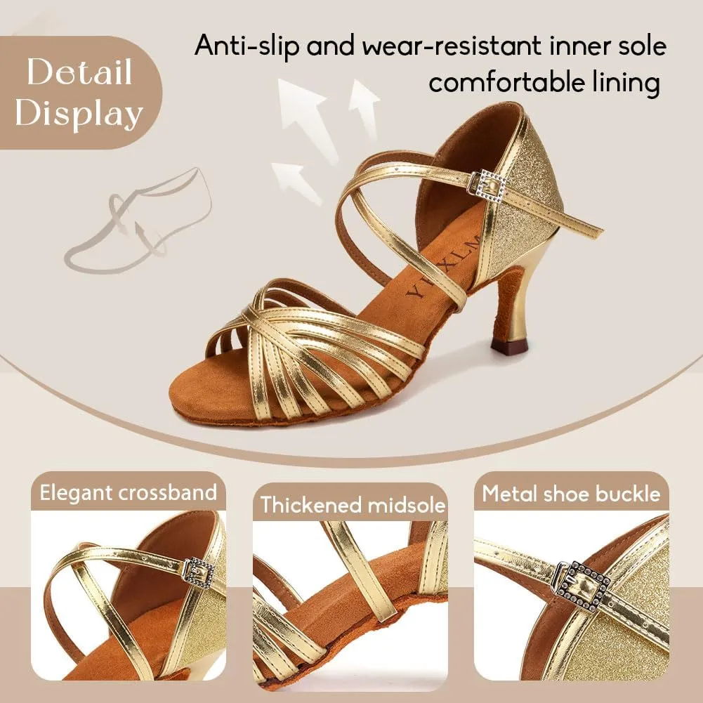 YKXLM Latin Ballroom Dance Shoes Women 3 inch Heel Salsa Tango Performance Practice Dance Shoes