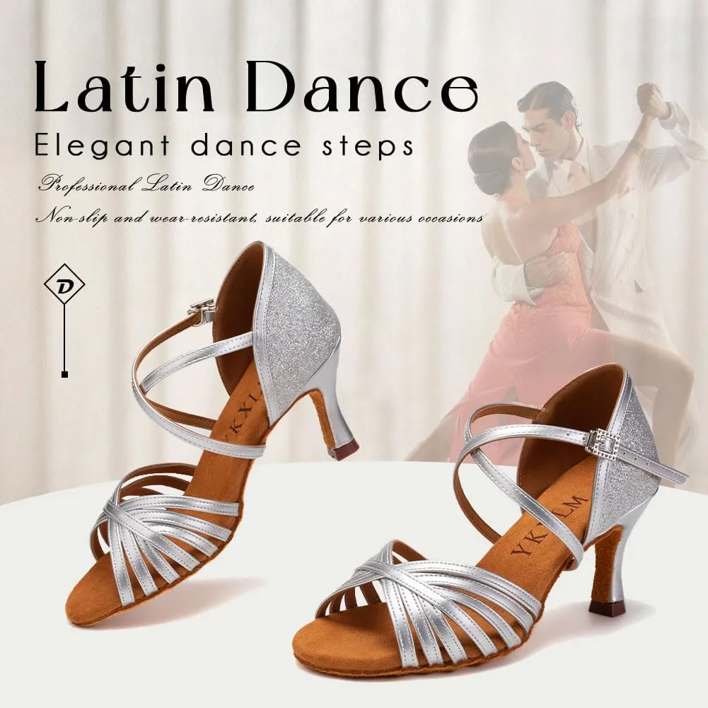 YKXLM Latin Ballroom Dance Shoes Women 3 inch Heel Salsa Tango Performance Practice Dance Shoes