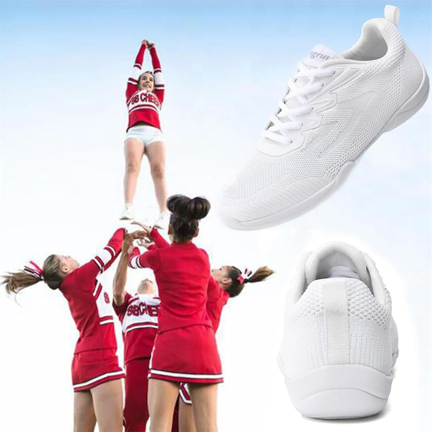 Youth Girls Mesh Breathable Running Sneakers Athletic Training Tennis Shoes White Cheerleading Shoes Dance Shoes