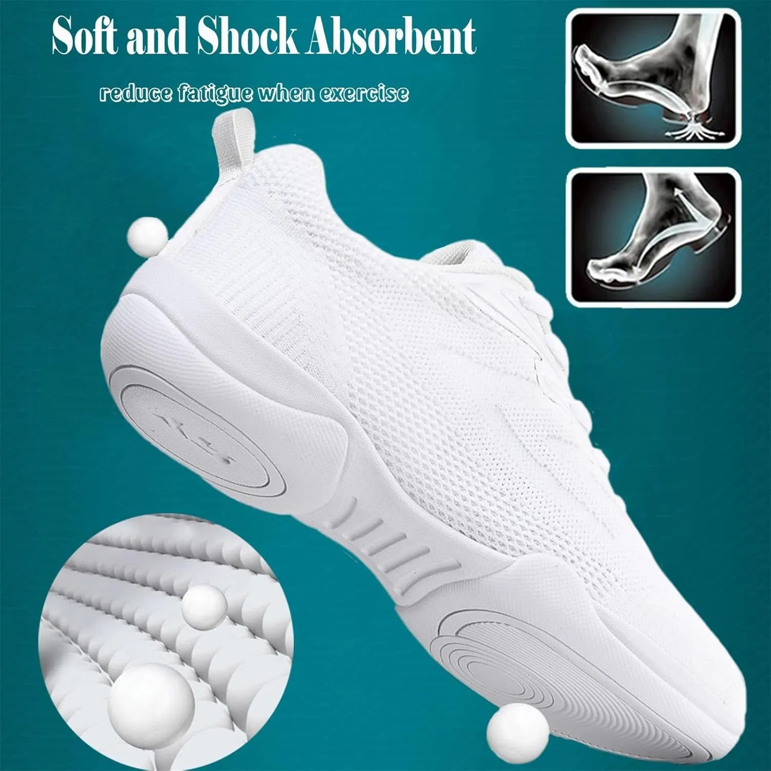 Youth Girls Mesh Breathable Running Sneakers Athletic Training Tennis Shoes White Cheerleading Shoes Dance Shoes